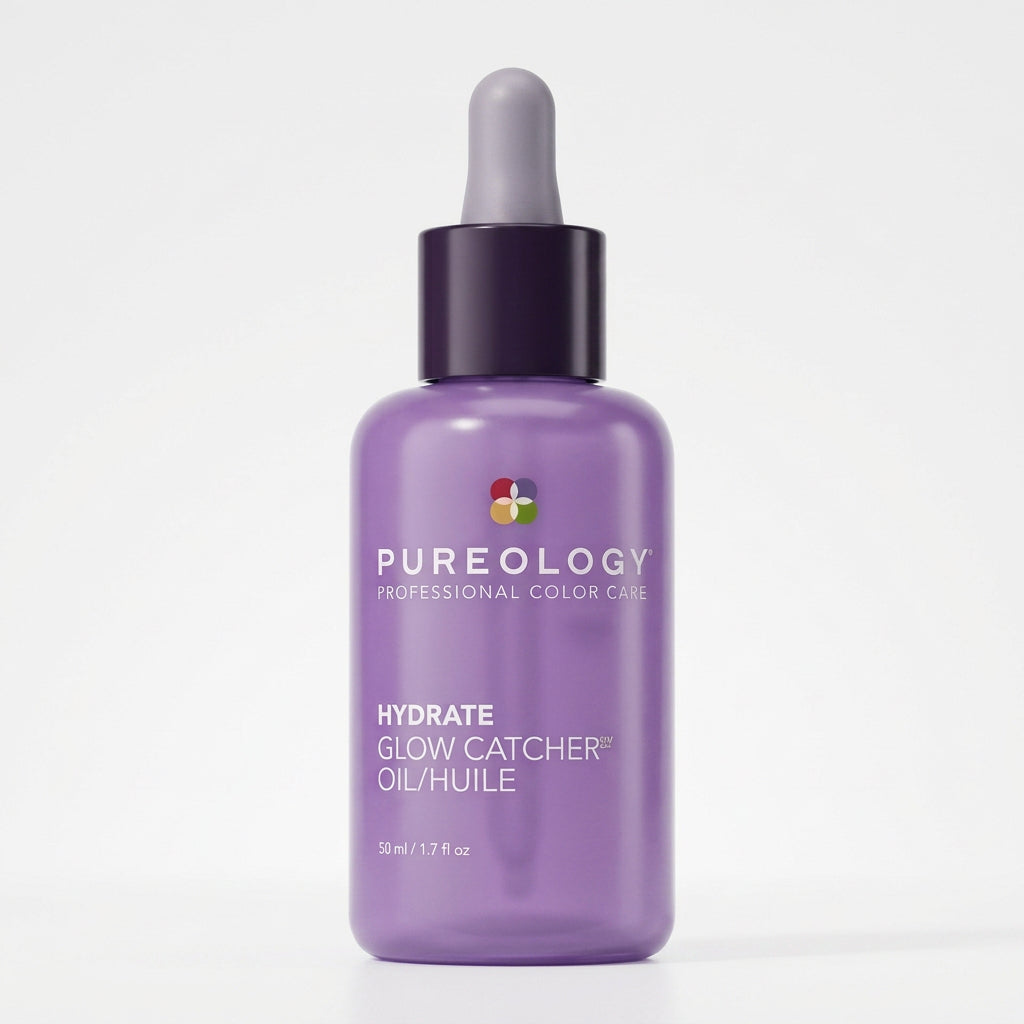 Purple bottle of Pureology Hydrate Glow Catcher Oil on a white background