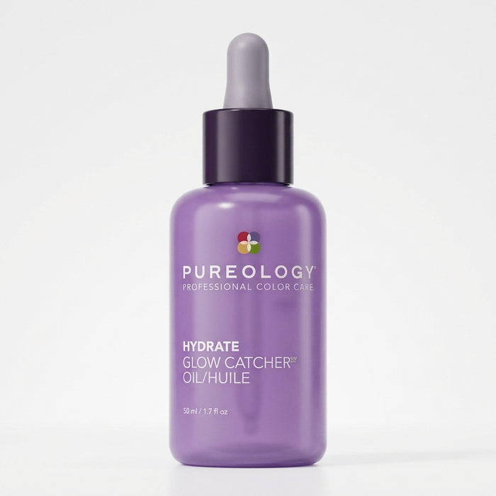 Purple bottle of Pureology Hydrate Glow Catcher Oil on a white background
